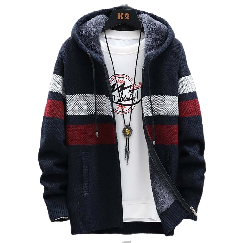 Fleece Hoodie Lined - Мужской полосатый свитер, пальто, толстый флис,